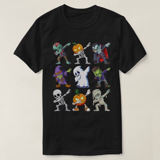 Camiseta Dabbing Halloween Skeleton Zombie Pumpkin Mummy (Frente do Design)