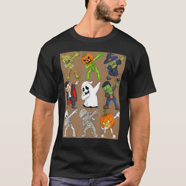 Camiseta Dabbing Halloween Skeleton Zombie Scary Pumpkin Va (Frente)