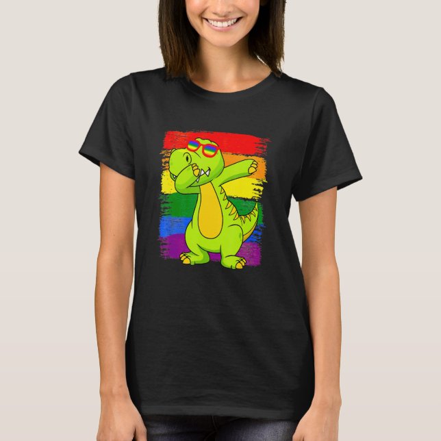 Camiseta Dabbing Pridesaurus Rex Dinosaur LGBT Flag Gay Pri (Frente)