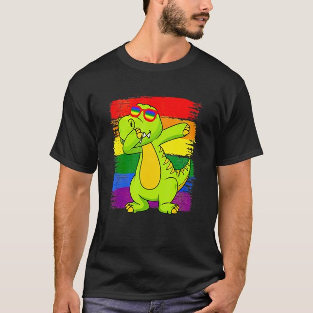 Camiseta Dabbing Pridesaurus Rex Dinosaur LGBT Flag Gay Pri (Frente)