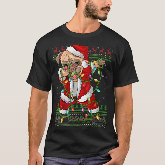 Camiseta Dabbing Pug Dog Xmas Luzes Feias Papais noeis Pug  (Frente)