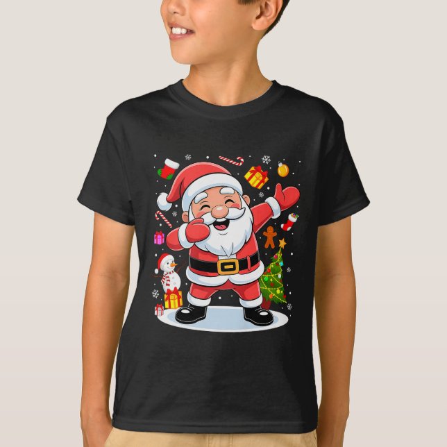 Camiseta Dabbing Santa Claus Christmas Tree Lights Boys Kid (Frente)