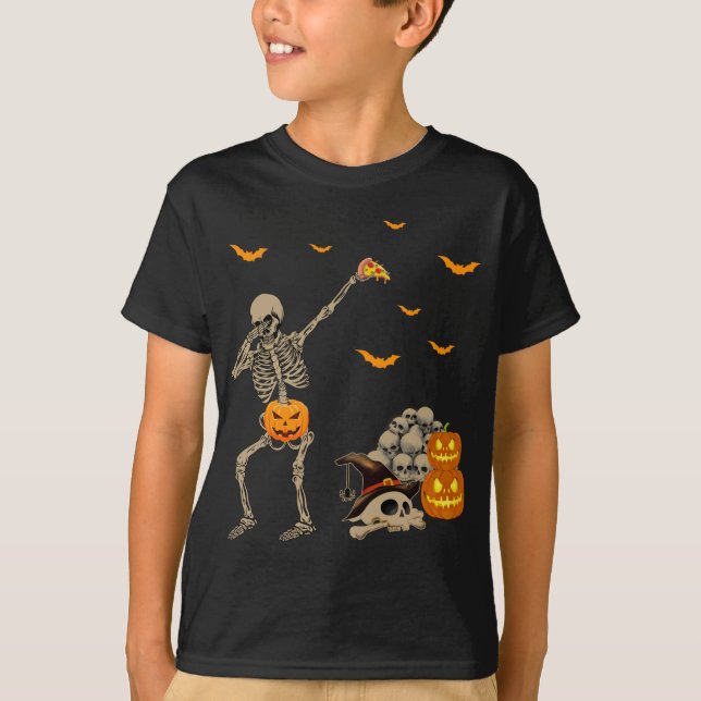 Camiseta Dabbing Skeleton Eating Pizza Assustadora Pumpkins (Frente)