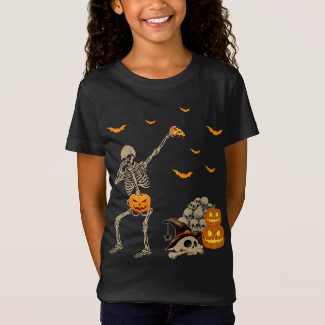 Camiseta Dabbing Skeleton Eating Pizza Assustadora Pumpkins (Frente)