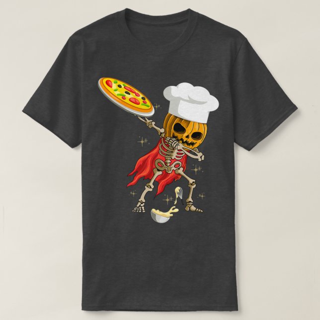 Camiseta Dabbing Skeleton pizza chef Halloween Scary Pumpki (Frente do Design)
