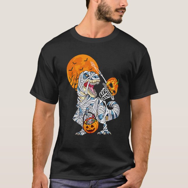 Camiseta Dabbing Skeleton Riding Mummy Dinosaur T Rex Hallo (Frente)