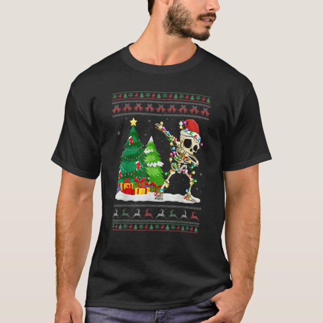 Camiseta Dabbing Skeleton Tree Santa Hat Ugly Christmas Swe (Frente)