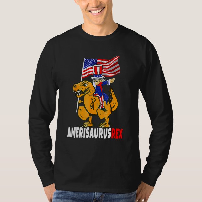 Camiseta Dabbing Tio Sam Andando Dinossauro Rex 4 De Julho (Frente)