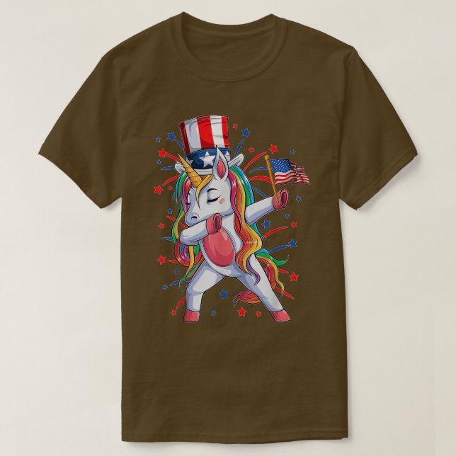 Camiseta Dabbing Unicorn 4 de julho Girls Kids Women Ameri (Frente do Design)