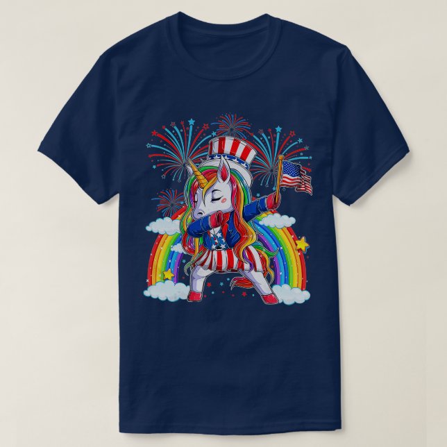 Camiseta Dabbing Unicorn 4 de julho Meninas Crianças Ame (Frente do Design)