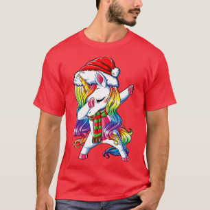 Camiseta Dabbing Unicorn Christmas Girls Santa Hat Scarf Xm