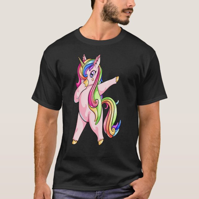 Camiseta Dabbing Unicorn com dançarino de cabelo arco-íris (Frente)