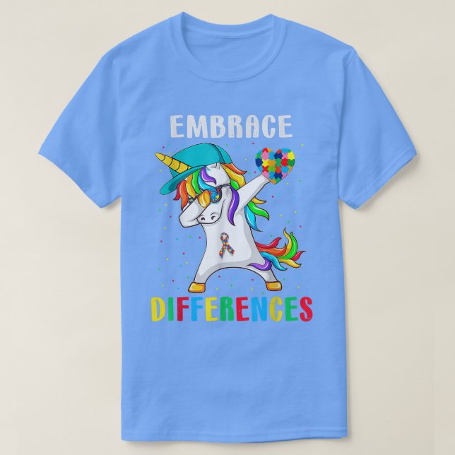 Camiseta Dabbing Unicorn Differences Adotam Autismo A de AD (Frente do Design)