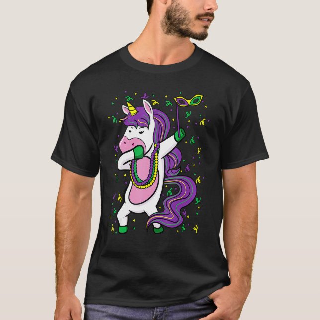 Camiseta Dabbing Unicorn Jester Hat Mask Mardi Gras Festiva (Frente)