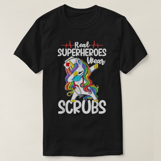 Camiseta Dabbing Unicorn Nurse Real Superheroes Wear Scrubs (Frente do Design)