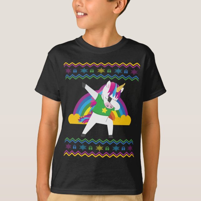 Camiseta Dabbing Unicorn Rainbow Ugly Christmas Sweater (Frente)