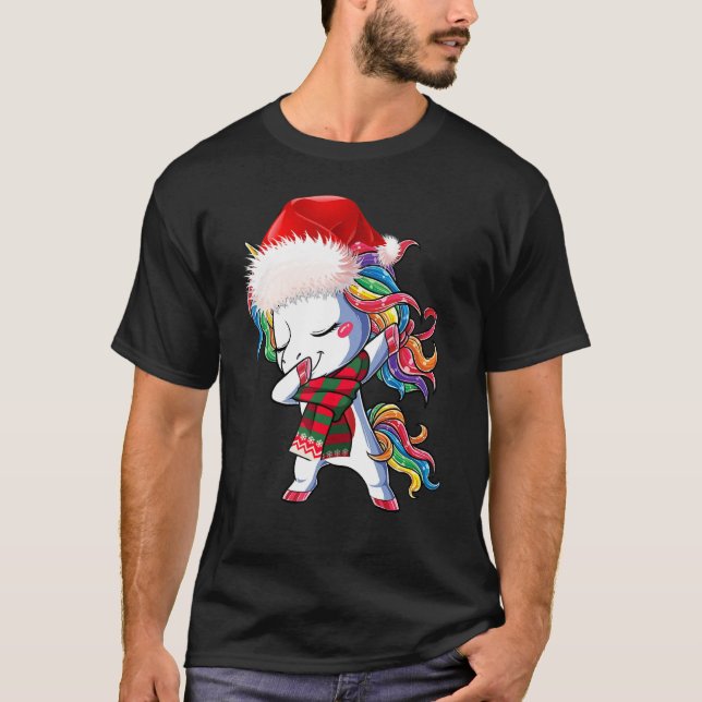 Camiseta Dabbing Unicorn Santa Hat Crianças de Natal (Frente)