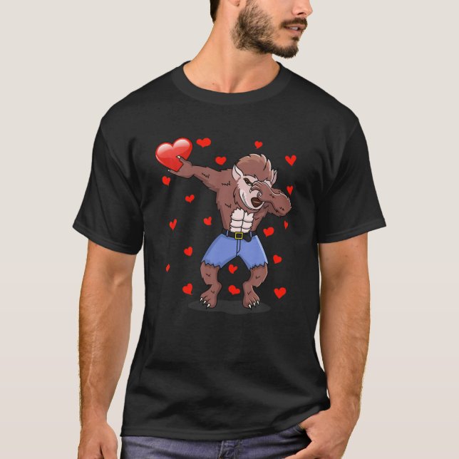 Camiseta Dabbing Werewolf Red Heart Love Dia de os namorado (Frente)