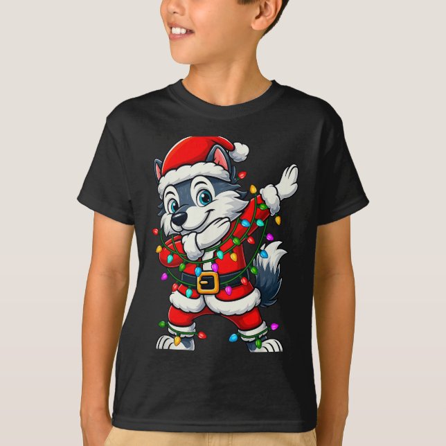 Camiseta Dabbing Wolf Lights Santa Xmas Girls Boys Kids Chr (Frente)