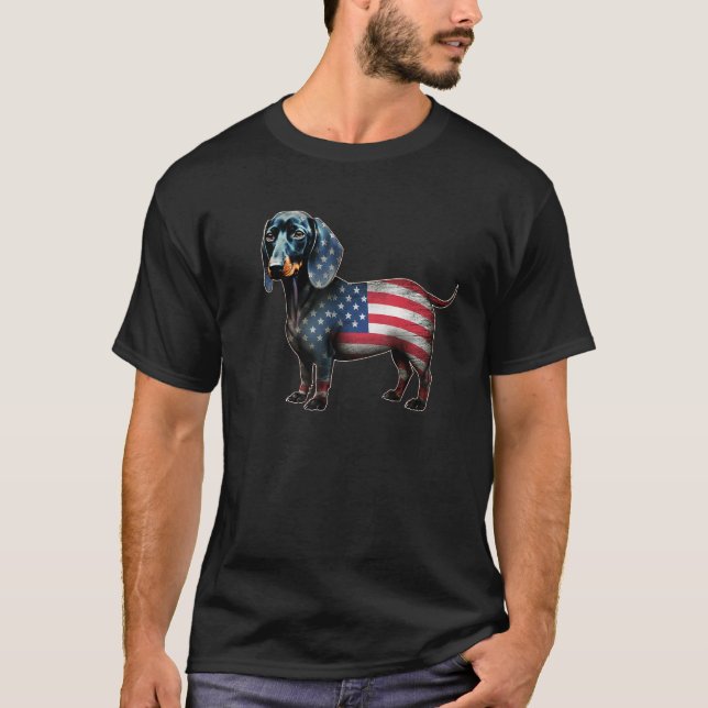 Camiseta Dachshund 4th of July American Flag Dog  Men Women (Frente)