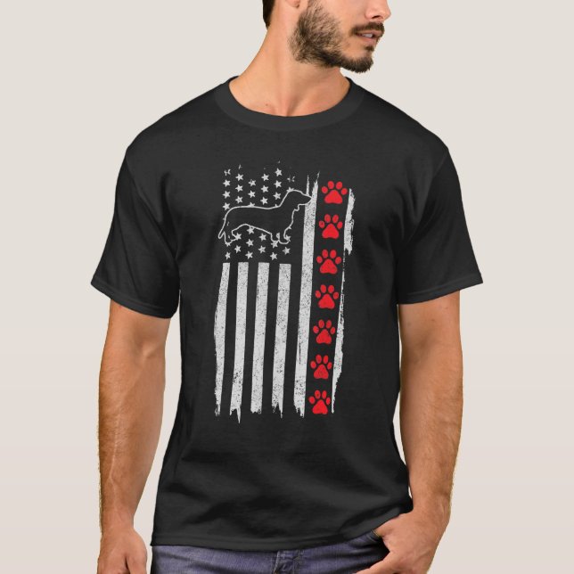 Camiseta Dachshund American Flag 4 De Julho Patriótico Wien (Frente)