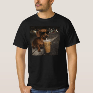 Camiseta Dachshund Bebendo Café Gelado Meme Engraçado de Ca