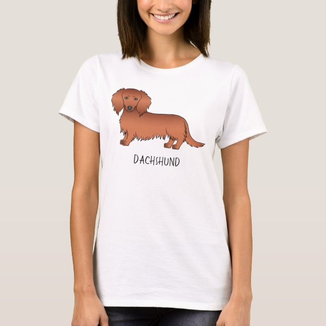 Camiseta Dachshund Cartoon Cute de Cabelo Longo Vermelho &  (Frente)