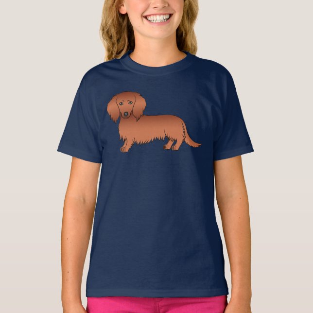 Camiseta Dachshund Cartoon Cute de Cabelo Longo Vermelho (Frente)