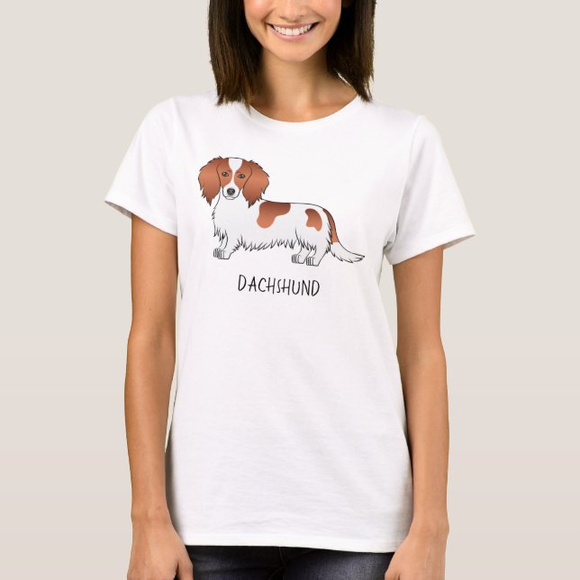 Camiseta Dachshund Cartoon de Pelo Longo Malhado de Vermelh (Frente)