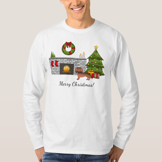 Camiseta Dachshund Casaco Liso Sable Vermelho em Sala de Na (Frente)