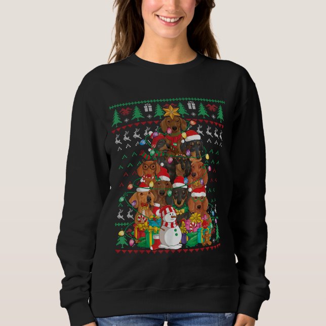Camiseta Dachshund Christmas Tree Santa Hat Ugly Sweater Do (Frente)