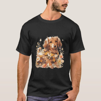 Camiseta Dachshund Colorido De creme Em Flores - Mini Adorá
