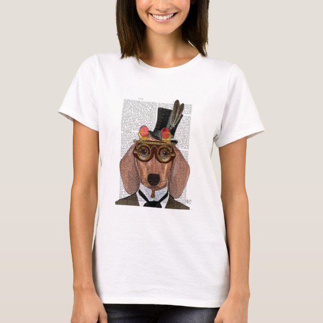 Camiseta Dachshund com Chapéu e Óculos Superiores (Frente)