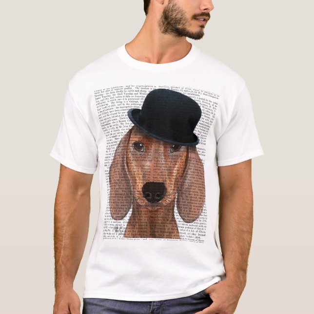 Camiseta Dachshund com Chapéu Negro (Frente)