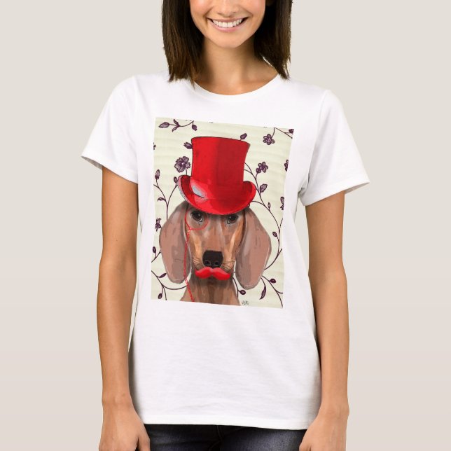 Camiseta Dachshund Com Chapéu Vermelho Superior (Frente)