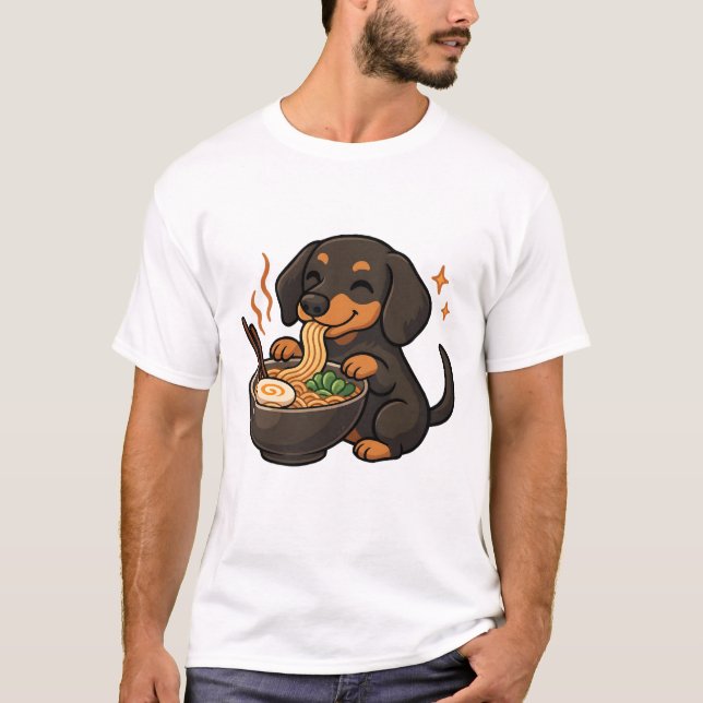 Camiseta Dachshund com Macarrão Ramen Kawaii Cachorro (Frente)