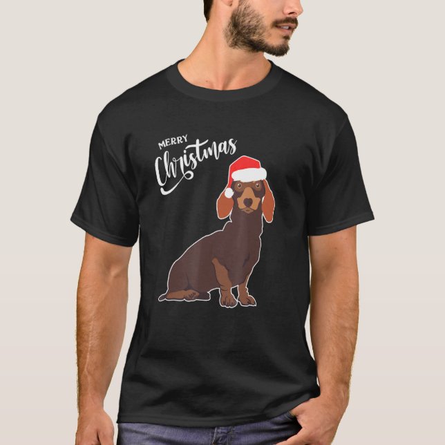 Camiseta Dachshund Com Papai Noel Feliz Cachorro De Natal (Frente)