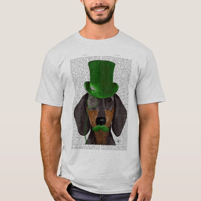Camiseta Dachshund com Preto 2 de Chapéu Superior Verde (Frente)