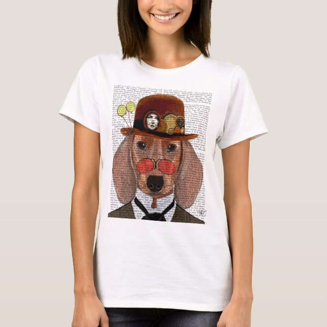 Camiseta Dachshund com Steampunk Bowler Hat (Frente)