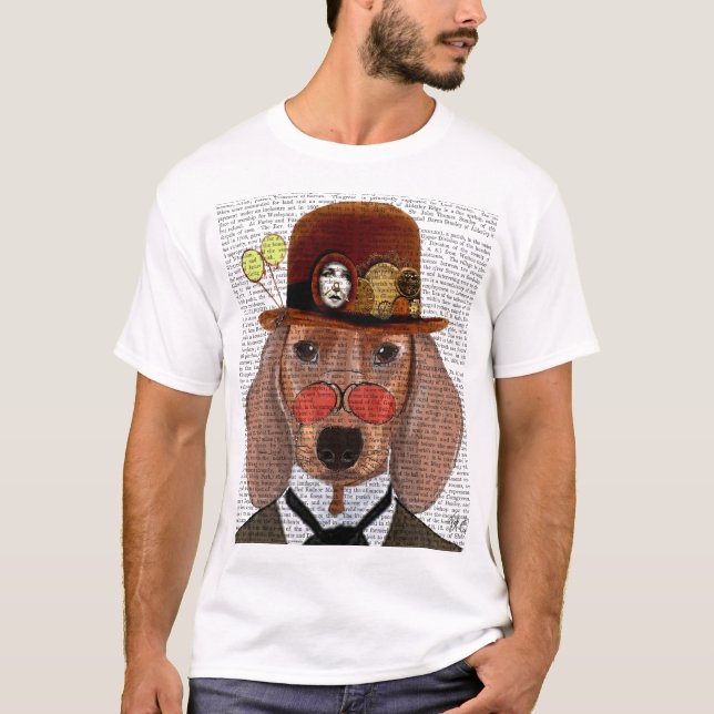 Camiseta Dachshund com Steampunk Bowler Hat (Frente)