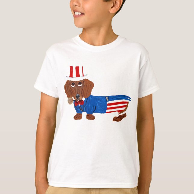 Camiseta Dachshund com traje do Tio Sam (Frente)