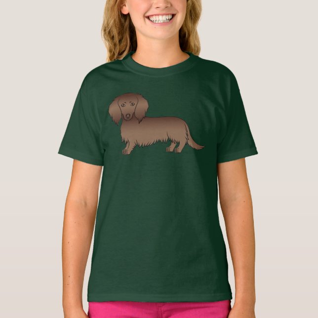 Camiseta Dachshund de Cabelo Comprido de Chocolate Cachorro (Frente)
