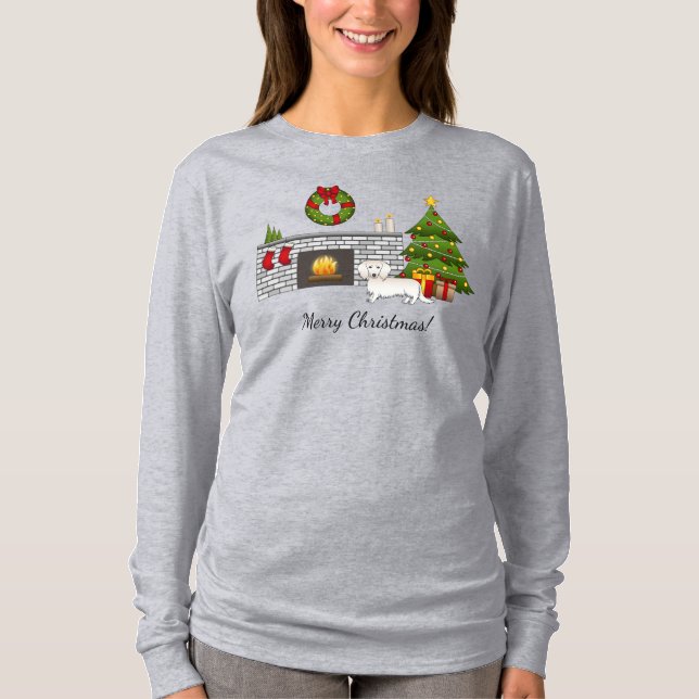 Camiseta Dachshund de Cabelo Longo e Creme Cachorro Fofo Qu (Frente)