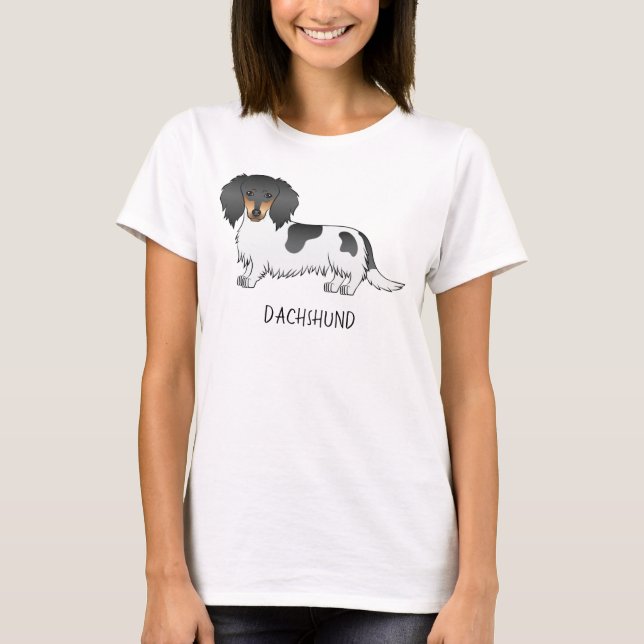 Camiseta Dachshund de pelo longo preto e bronzeado manchado (Frente)