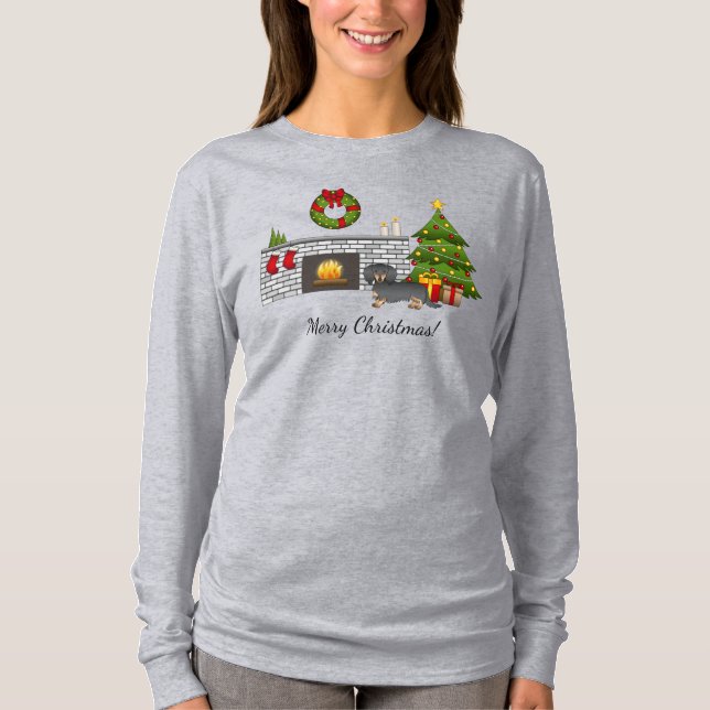 Camiseta Dachshund de pelo longo Preto e Castanho - Sala de (Frente)