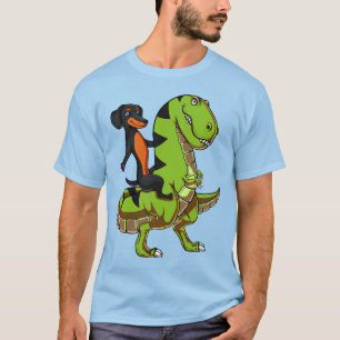 Camiseta Dachshund do cão do Wiener que monta o dinossauro