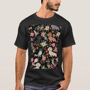 Camiseta Dachshund Dog Art Com Flores