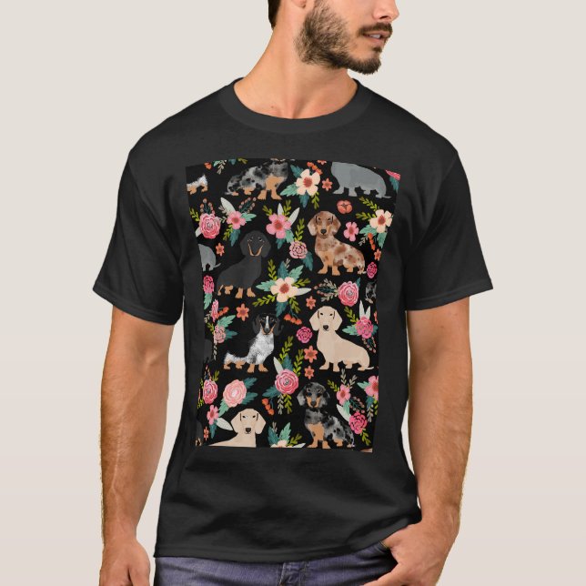 Camiseta Dachshund Dog Art Com Flores (Frente)