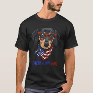 Camiseta Dachshund Dog Mãe Óculos Leopardo EUA Bandeira 4º 