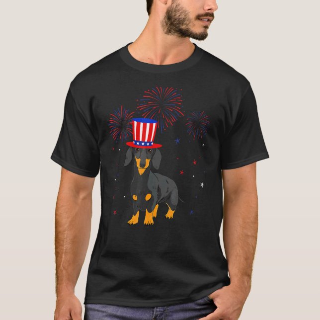 Camiseta Dachshund Dog Red White Fireworks Decinto 4th O (Frente)